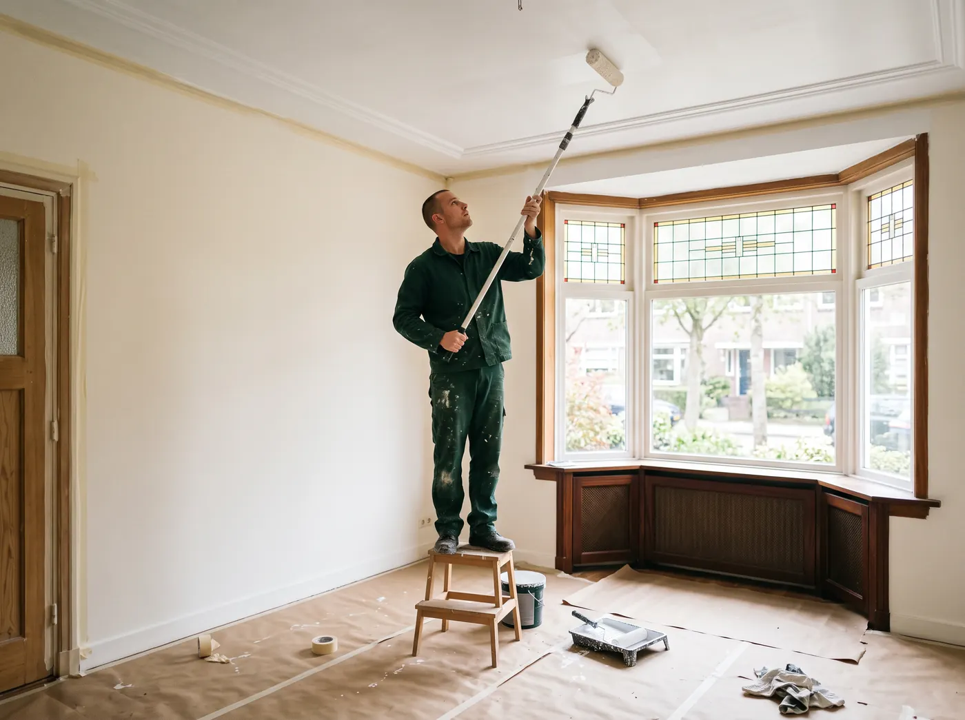 Schilder rolt een plafond wit in een lichte kamer