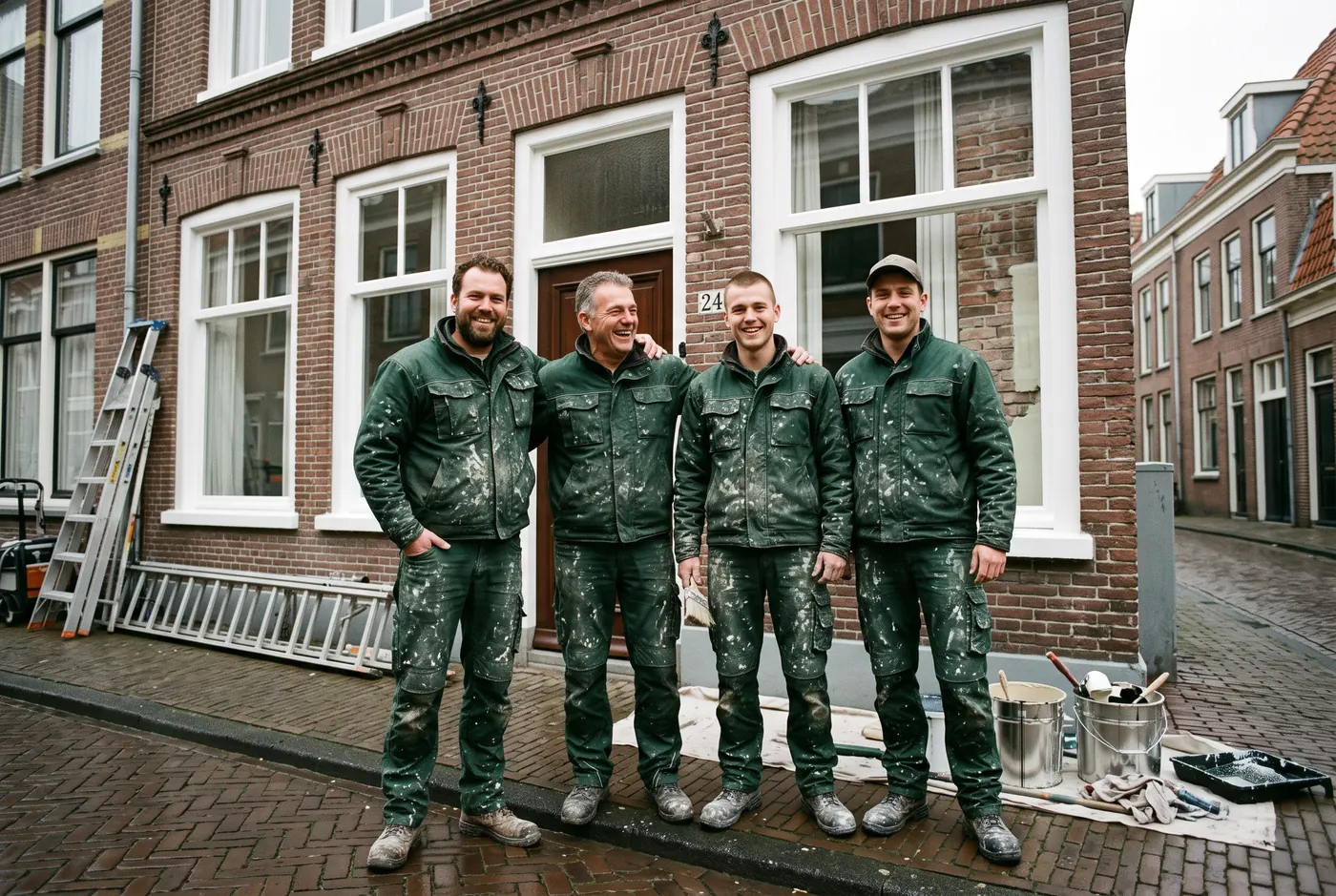 Vier schilders in groene werkkleding voor een Haags pand met vers geschilderde kozijnen