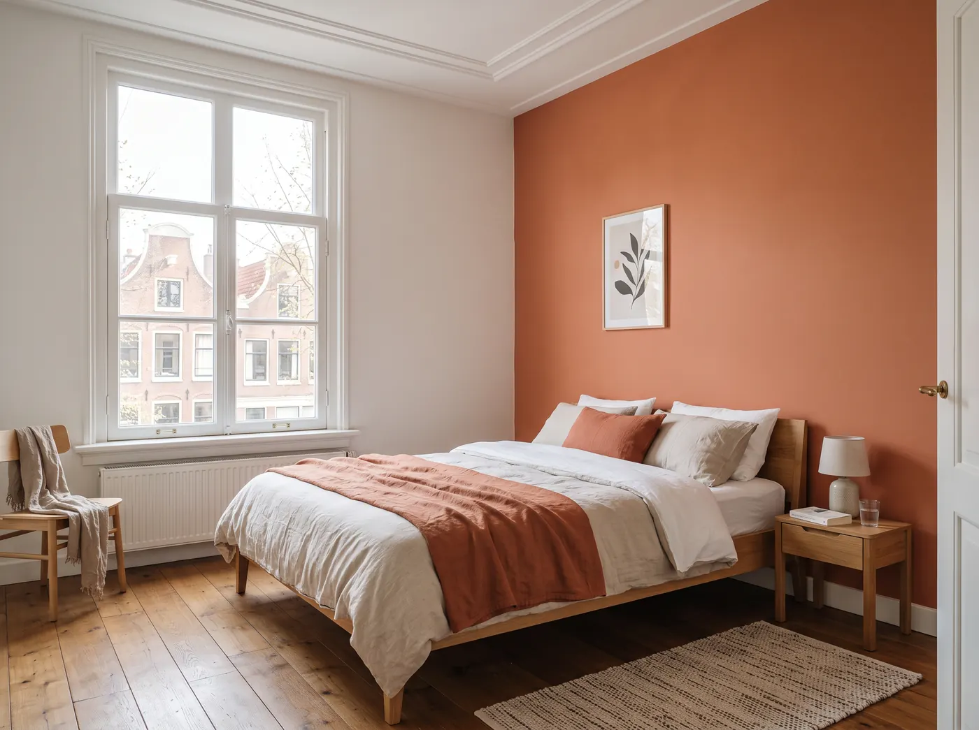 Slaapkamer met een warme terracotta accentwand en witte kozijnen